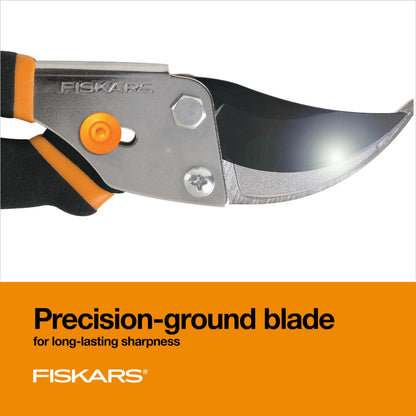 Fiskars Bypass Pruning Shears, 5/8" Cut Capacity Gardening Scissors, Self-Cleaning Sap Groove Prevents Sticking, Non-Slip Grip for Cutting Stems & Branches, Sharp Steel Blades w/ Low-Friction Coating
