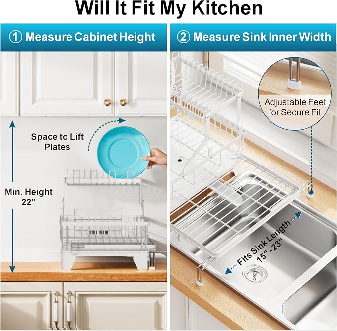GSlife Large 2 Tier Dish Drying Rack, Expandable Heavy-Duty Dish Rack for Kitchen Counter, Rust-Resistant Dish Drainer with Utensil & Cup Holder, Auto-Drain, 16.9" W x 14.4"-22.4" L, White