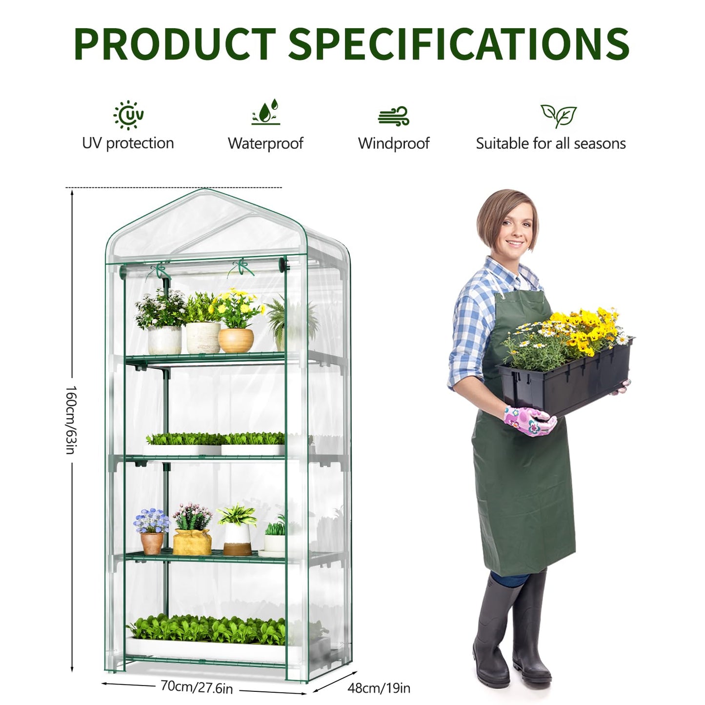 SUNYRISY Indoor Greenhouse with Grow Lights, 4 Tier Mini Small Greenhouse Kit with Zippered PVC Tent Cover for Indoor Garden Seed Starting Tray, 36W Full Spectrum with Timer