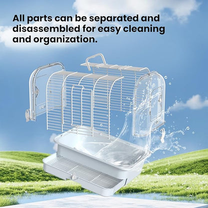 Travel Bird Carrier Cage,Transparent Parakeet Cage,Small Portable Bird Cage with Feeder Cups & Standing for Canaries Budgies Lovebirds Conures Cockatiels