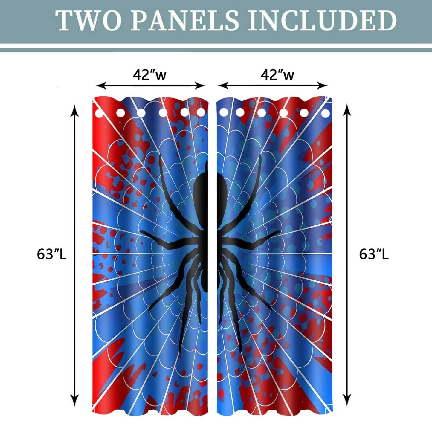 OSUNBD Spider Web Curtains - Blue & Red Superhero Design - Blackout Thermal Insulated Drapes for Kids Room, Bedroom, Living Room - 42 x 63 Inches, 2 Panels