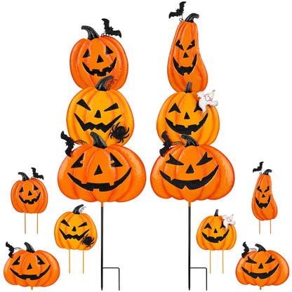 Beterzack 2 Pack Halloween Garden Stakes - Stacked Metal Pumpkins Jack-o-Lantern Lawn Decor, Scary Metal Yard Signs Stake Outdoor Decorative Pumpkin Home Lawn Pathway Decor