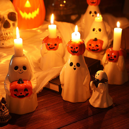 LemonRoad 6 Pcs Halloween Taper Candle Stick Holder Ceramic Ghost Holding Pumpkin Candlestick Holder Bulk Cute Halloween Decor Indoor Ghost Figures for Party Favors Gifts Table Centerpieces