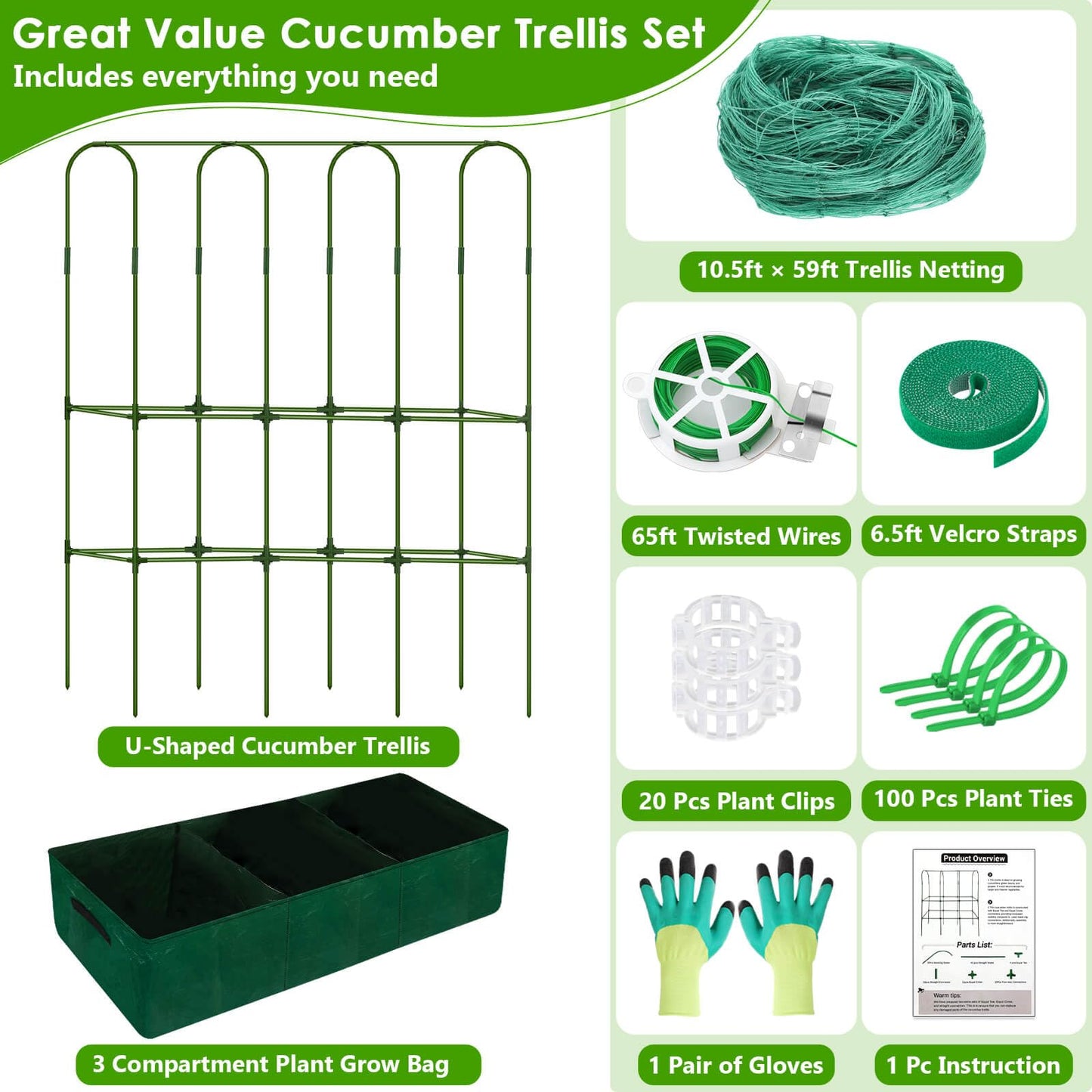 ROADPLUM Cucumber Trellis for Climbing Plants with Grow Bag, 61" Tall Metal U-Frame Garden Trellis for Raised Bed with Garden Netting and Plant Clip Plant Ties for Vegetables, Squash, Pea, Grape