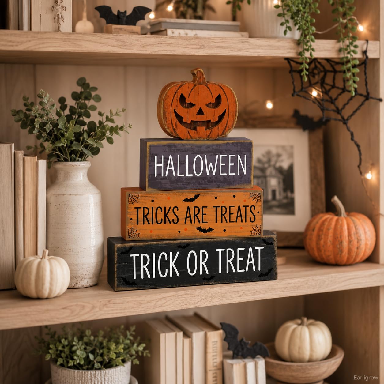 4 Pcs Halloween Decor, Trick or Treat Tiered Tray Decorations, Wooden Block Signs with Jack-O-Lantern, Tricks are Treats Farmhouse Rustic Table Centerpiece for Home Shelf Kitchen Coffee Bar