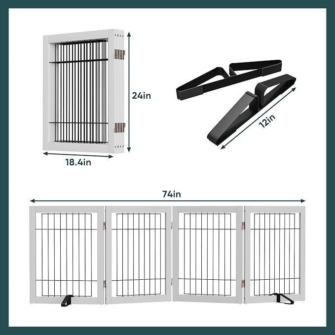 Semiocthome Freestanding Dog Gate Indoor, Dog Gates for Doorways and Stairs, 24" H- 4 Panels Puppy Gate with 2 Metals Stands Adjustable Safety Fence Wire Pet Gate - White