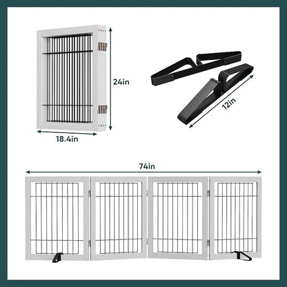 Semiocthome Freestanding Dog Gate Indoor, Dog Gates for Doorways and Stairs, 24" H- 4 Panels Puppy Gate with 2 Metals Stands Adjustable Safety Fence Wire Pet Gate - White