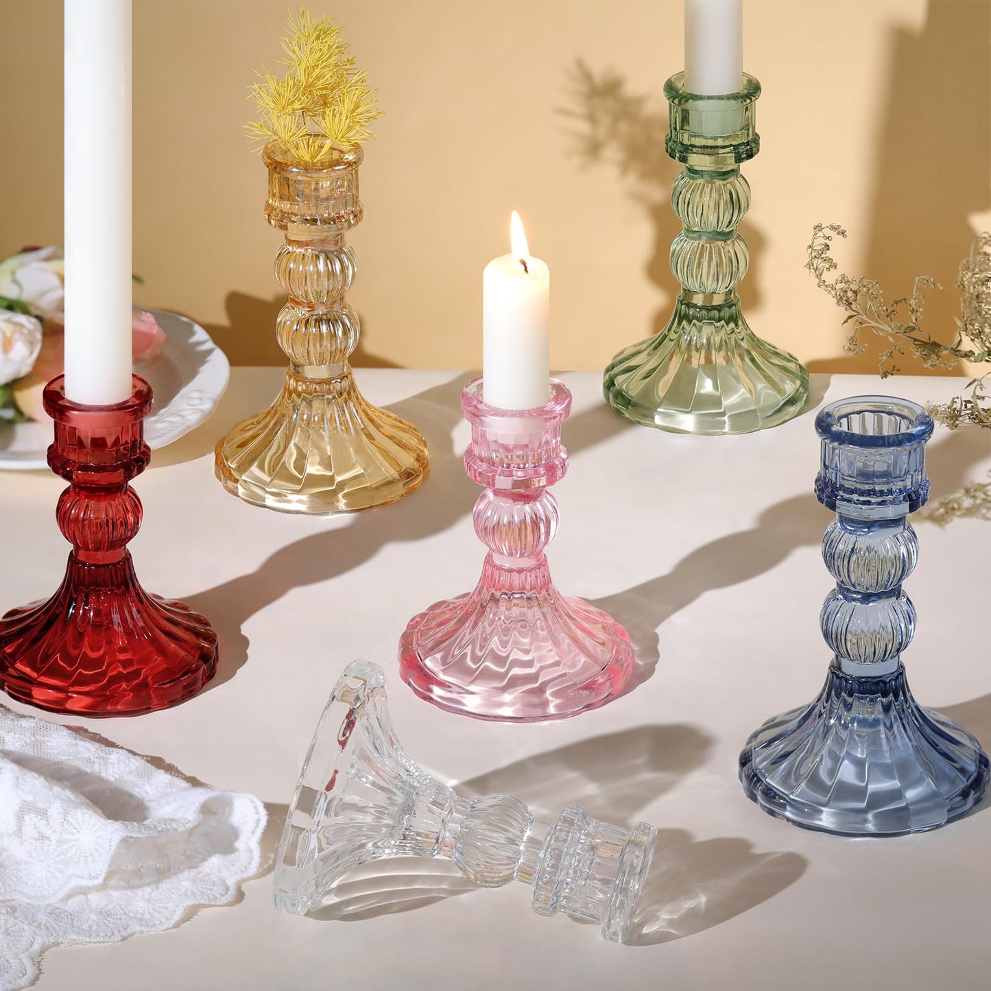 DARJEN 6Pcs Clear Candlestick Holders Set - 4" H & 5" H Striped Taper Candle Holders Bulk, Glass Candle Holders for Wedding, Festival, Party, Table Centerpiece, Gifts