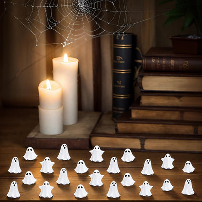 FESTGLOX 50Pcs Mini Resin Ghosts, Small Ghost Figurines, Tiny Halloween Miniatures for Spooky Tiered Tray Decor, Vase Filler, Home Tabletop Shelf Centerpieces, Party Favors Gift