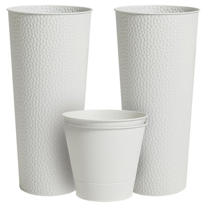Worth 2 Pack 28" Tall Narrow Metal Planter with Inside Pot for Indoors or Outdoors, Deck, Patio or Front Porch, Hand-Hammered Texture, White