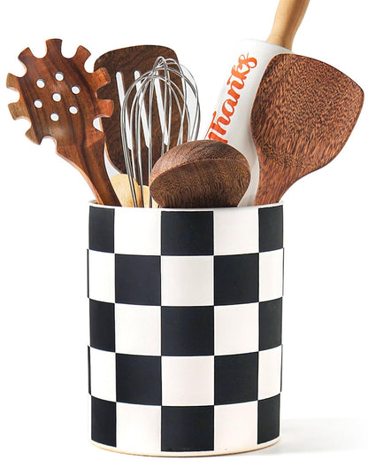Swkien Checkered Kitchen Utensil Holder - 7.2" Ceramic Utensil Crock for Countertop, Kitchen Decor and Accessories for counte (Black)