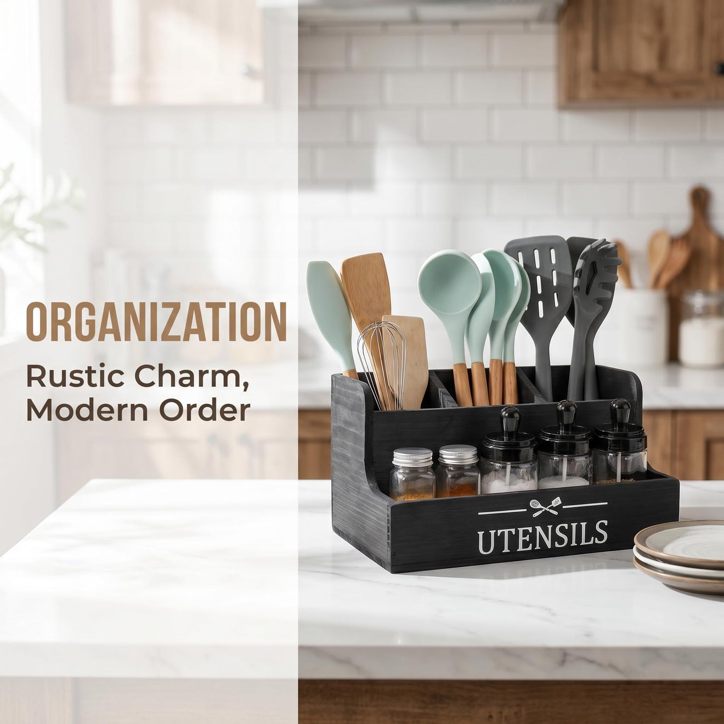 SHAXIXI Wooden Kitchen Utensil Holder, Farmhouse Country Style Kitchen Countertop Organizer, Selected Tung Wood, 11.4 X 6.1 X 5.8 Inches