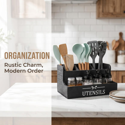 SHAXIXI Wooden Kitchen Utensil Holder, Farmhouse Country Style Kitchen Countertop Organizer, Selected Tung Wood, 11.4 X 6.1 X 5.8 Inches