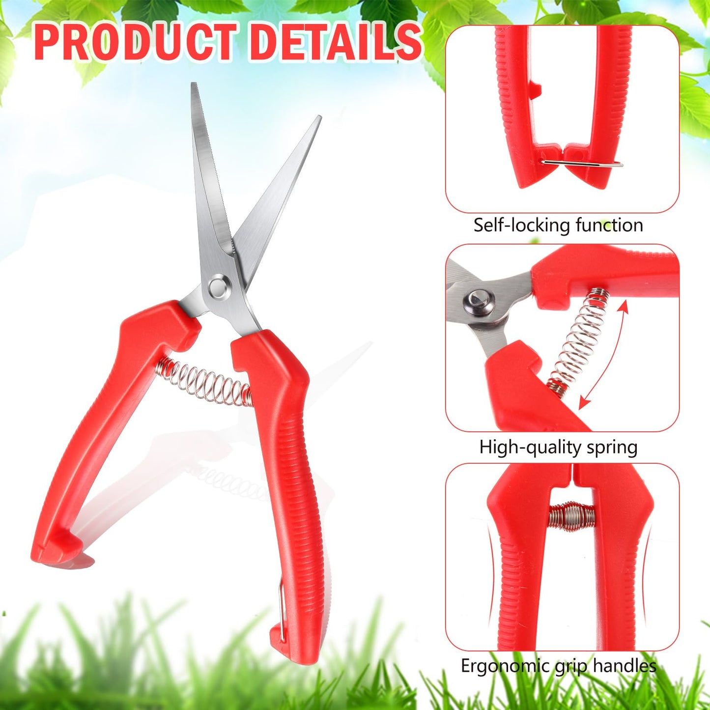 Lasnten 10 Pcs Pruning Scissors Bulk 7.2 Inch, Bud Trimming Scissors with Stainless Steel Straight Blade & Spring Loaded Handle, Garden Snips for Precise Cutting Bonsai Flowers Plants Gardening (Red)