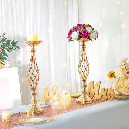 LANLONG 2pcs Metal Gold Candle Holders Road Lead Table Centerpiece Stand Pillar Candlestick for Wedding Candelabra Flowers Vases
