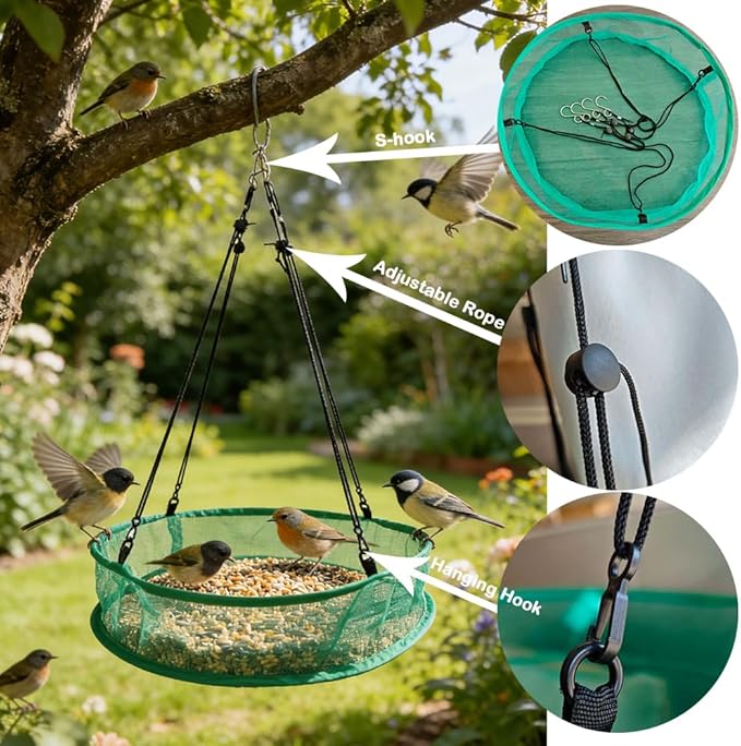 Seed Catcher for Bird Feeders, 20'' Bird Feeders for Outdoors Hanging, Birds Feeder Seed Catcher Tray with Adjustable Hanging Hoop for Outdoor Garden Accessories