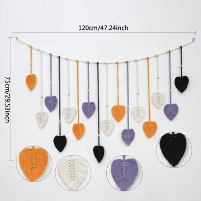 HVEST Halloween Macrame Wall Hanging Boho Decor, Purple Leaves Handmade Woven Tapestry for Bedroom Black and White Bohemian Macrame Wall Art for Living Room Decorations, 29.5L X 47W