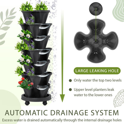 Umigy 2 Set of 7 Tier Vertical Planter Stackable Tower Planters Strawberry Herb Flower and Vegetable Pots Indoor Outdoor Gardening Pots with Removable Wheels and Tools(Black)