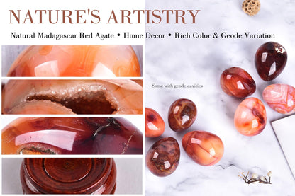 AMOYSTONE Red Agate Eggs Set of 4 (Polished Banded Agate) - Natural Gemstone Specimens with Wooden Base for Display & Collection (1.5-2 Inch, 2.8 oz)