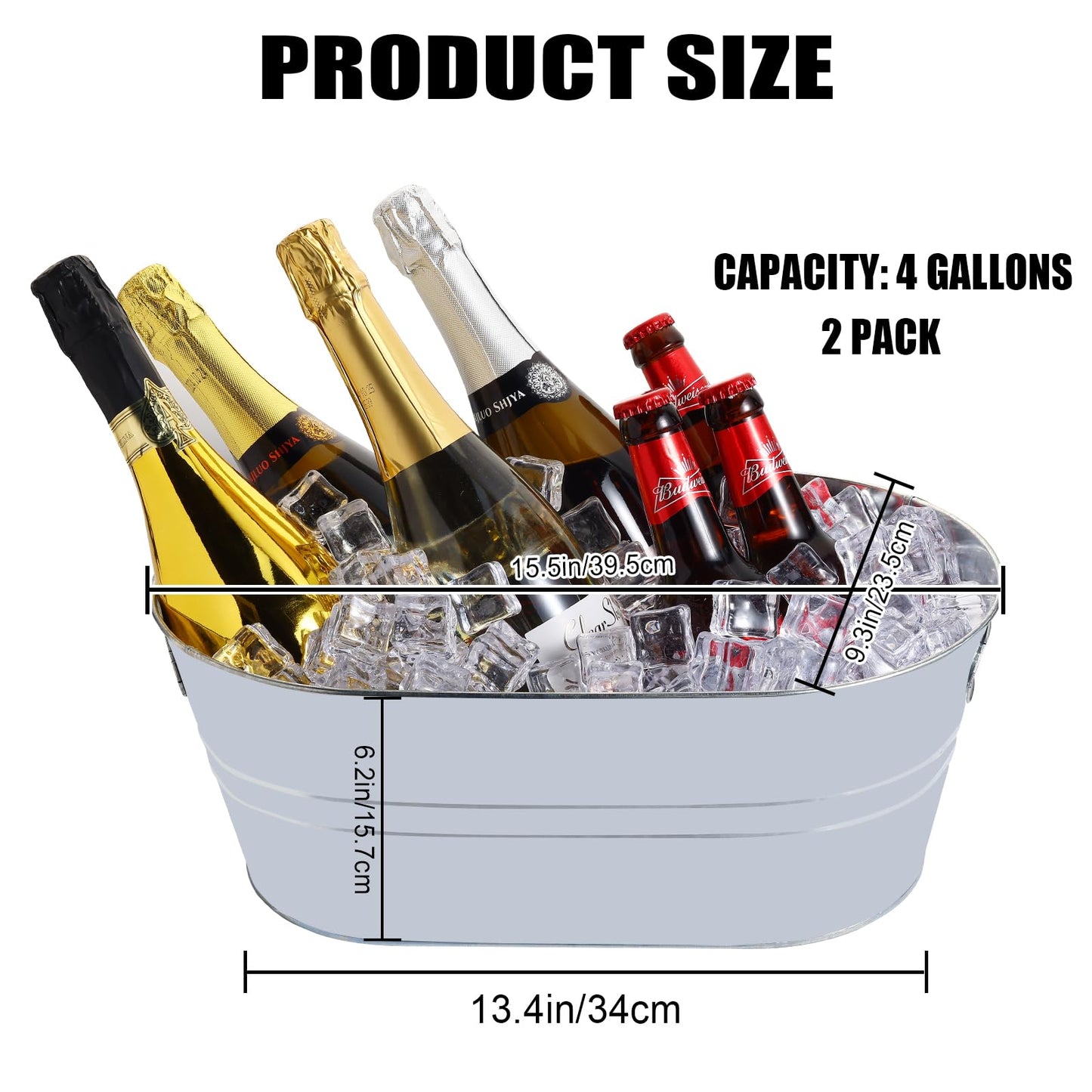 2 Pack Galvanized Ice Bucket 4 Gallon Galvanized Tub Ice Bucket for Parties Metal Beverage Buckets with Handles Wine Beer Champagne Vintage Buckets for Cocktails Mimosa Bar Supplies with Scoops