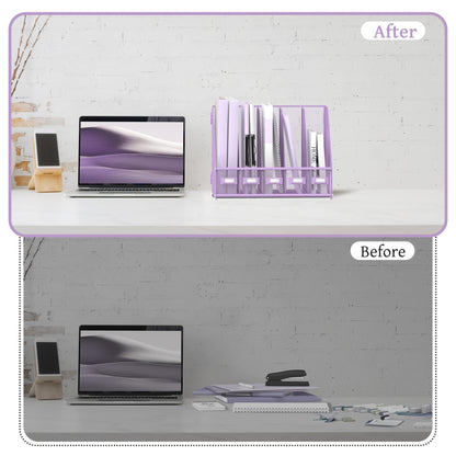SUPEASY Desk Organizers Metal Desk Magazine File Holder with 5 Vertical Compartments Rack File Organizer for Office Desktop, Classroom, Home Workspace, Purple