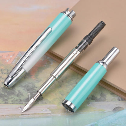 Jinhao 10 Press Fountain Pen with Box, Gradient Mint Green Retractable Extra Fine Nib with Ink Converter Set (Silver Clip)
