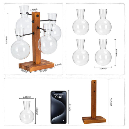 Plant Propagation Station with Wood Stand, Propagation Vases for Plants, Terrarium Kit for Home Office Garden Decor, Gifts for Plant Lovers - 4 Bulb Glass Vases