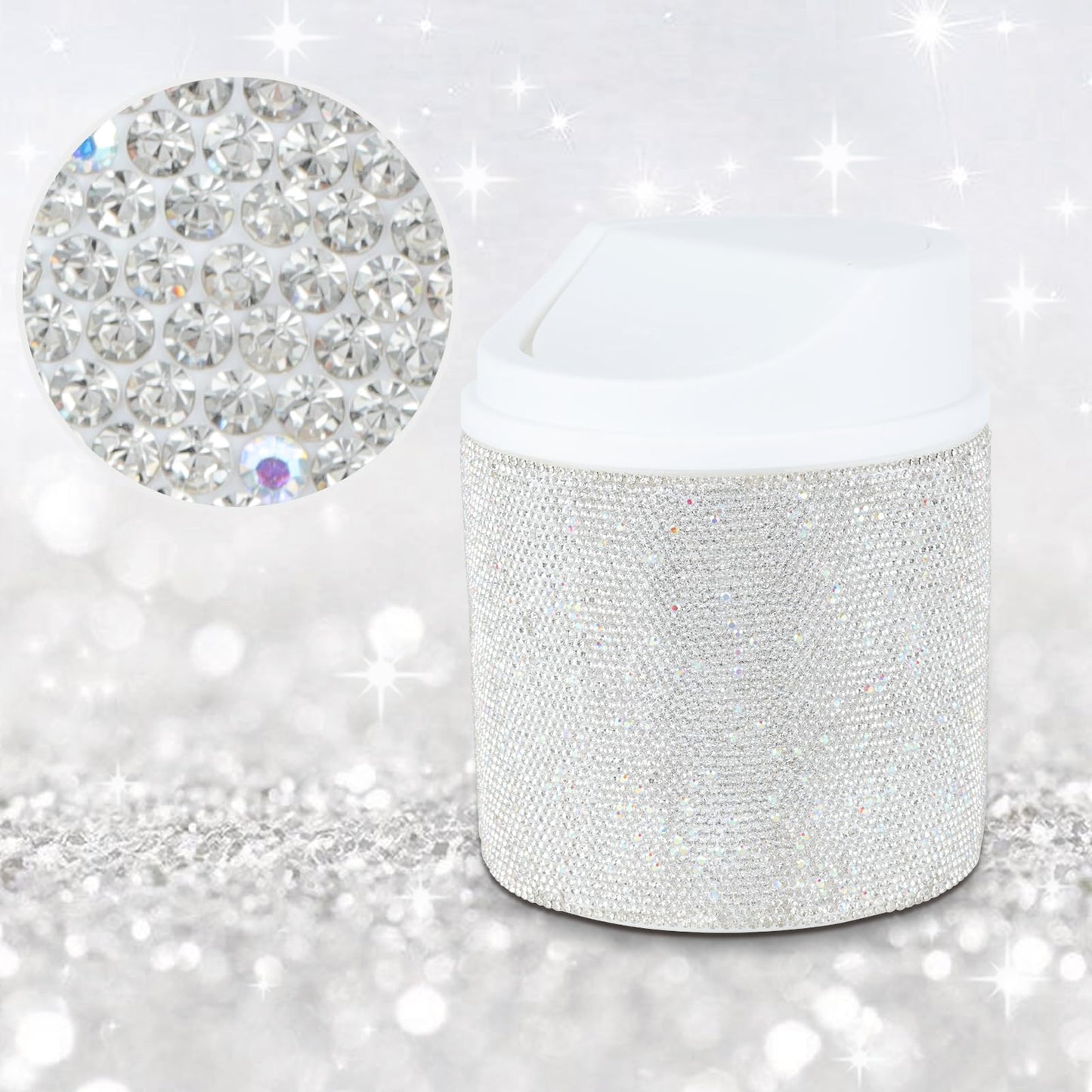 KEYPOWER Bling Rhinestone Mini Plastic Trash Can Cute Small Waste Can with Swing Lid,Suitable for Home Countertop,Car,Table Desk,Office (White)