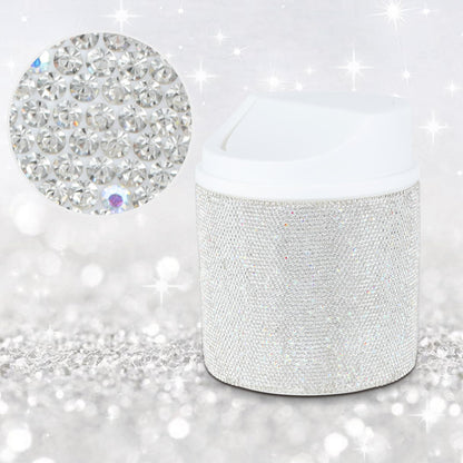 KEYPOWER Bling Rhinestone Mini Plastic Trash Can Cute Small Waste Can with Swing Lid,Suitable for Home Countertop,Car,Table Desk,Office (White)