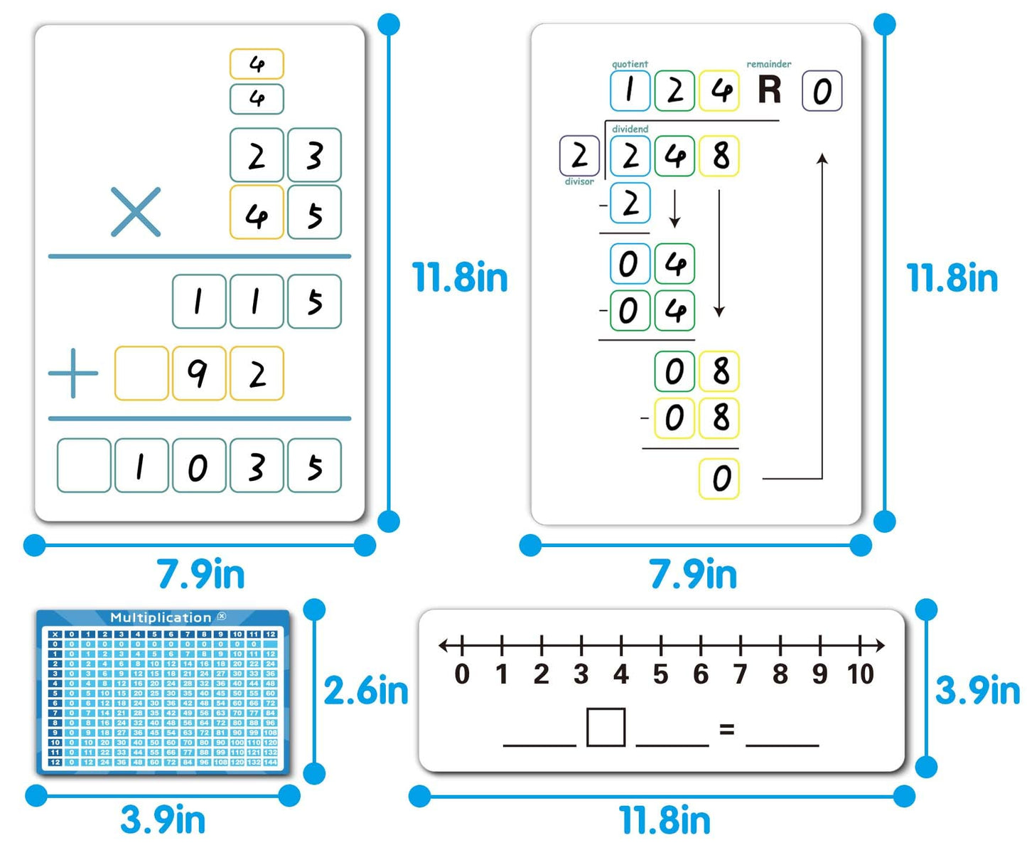 Set of Dry Erase Addition, Subtraction, Multiplication, and Division Practice White Board, Mathematics Board with a 4" x 2.5" Multiplication Chart Board for Kids Students, Classroom and Home