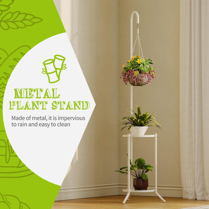 Plant Stand with Hooks Indoor Outdoor Corner Tall Plant Stand Heavy-Duty Metal 3-Tier Plant Shelf Holder Rack for Patio Garden Balcony Living Room Bedroom(semicircular White)