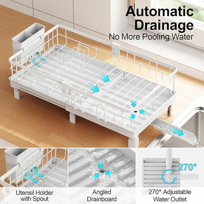 GSlife Expandable Dish Drying Rack - Countertop Drainer, 12-20.5", White | Compact Extendable Design, Swivel Drain Spout, Cup and Utensil Holder, for Small Kitchen, RV, Countertop Dish Drainer Tray