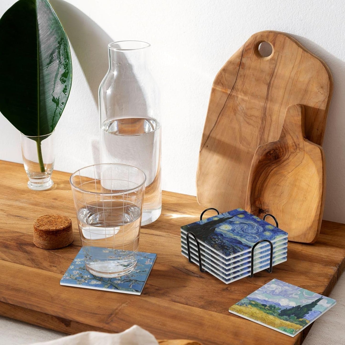 GERLNF Absorbent Ceramic Coasters for Drinks with Cork Base Art Coasters Set of 6 - Use 6 Famous Paintings, Unique Housewarming Gifts for Home Decorative (Square - Van Gogh - 1)