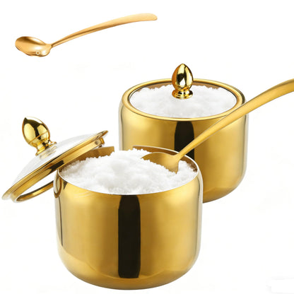 10oz Sugar Bowl 2-Pack with Lid|Gold coffee bar sugar container, includes 2 stainless steel canisters with clear lids. This Suitable for kitchen countertop, seasoning storage, and stylish home decor.