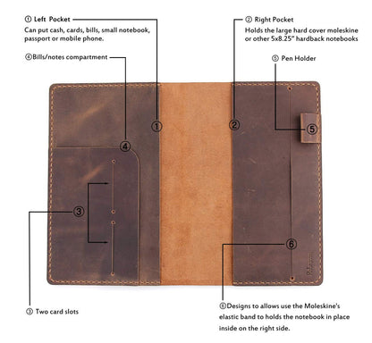 Robrasim Leather Journal Cover Fits for Moleskine Large Hard Cover Notebook, Handmade Vintage Leather Cover for 5"x8.25" Hardcover Notebooks - Brown