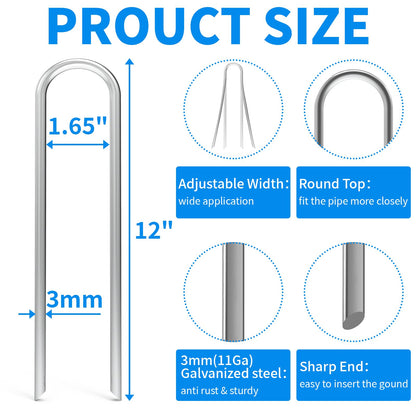 MySit 12 Inch 25 Pack Heavy Duty U Shaped Garden Stakes, 11 Gauge Galvanized Fence Stakes Landscape Staples Metal Yard Stakes for Ground, Drip Hose, Inflatables, Outdoor Decorations