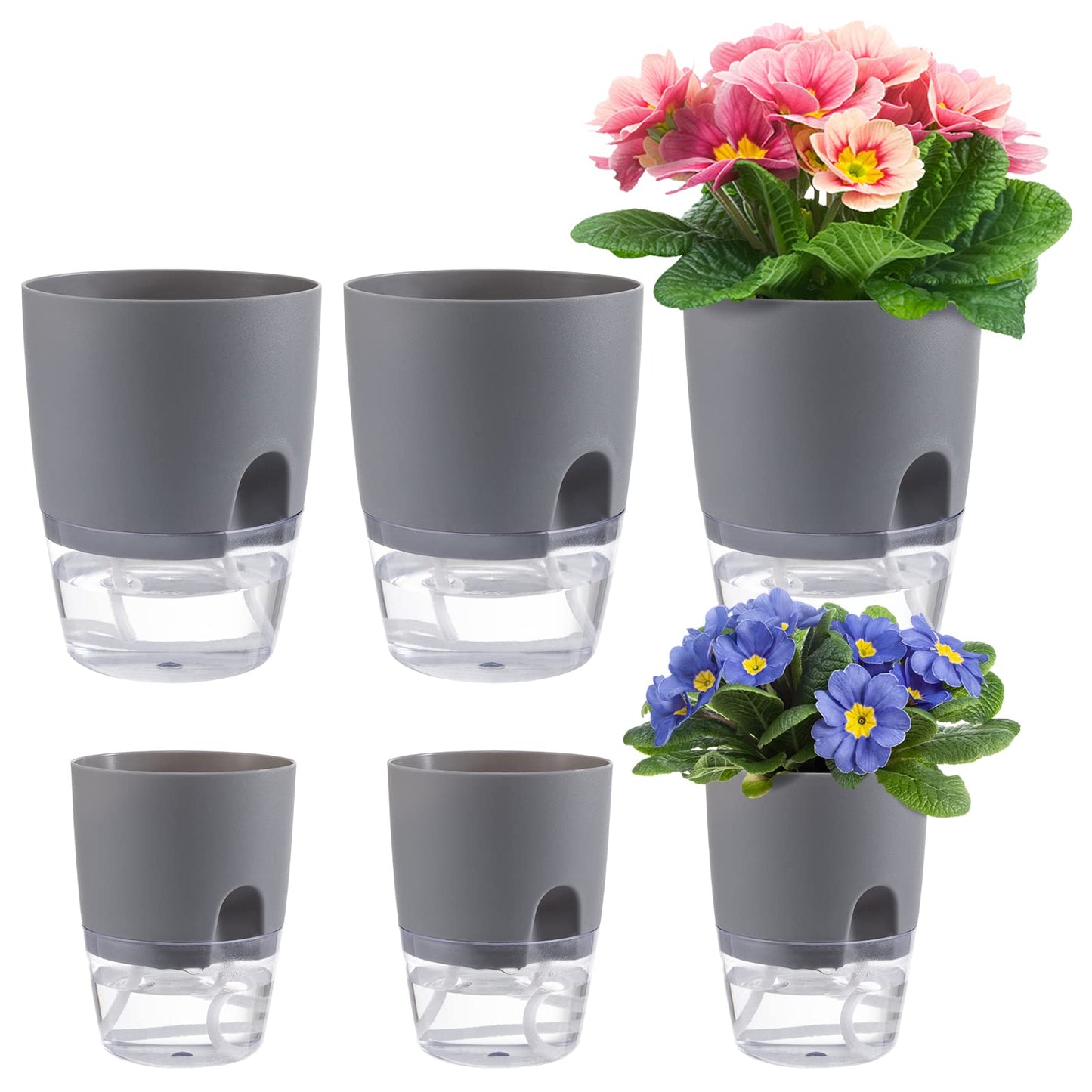 Aulock 6 pcs Self Watering Plant Pots - 4.1/3.2 in Plastic Planter with Drainage Holes, Flower Pots for African Violet, Mini Indoor Plants, Succulents, Herbs, Cactus, Basil, Grey