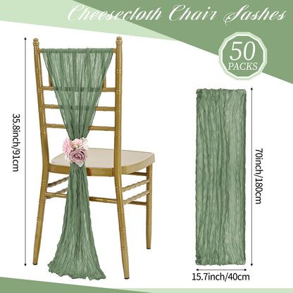 HNPSTBNO 50 PCS Cheesecloth Chair Sashes, Bows Designed ChairSashes, 15.7x70 inch Chair Sashes for Aisle Decorations Universal Chairs Cover Decoration for Wedding Reception Party Banquet (Sage Green)