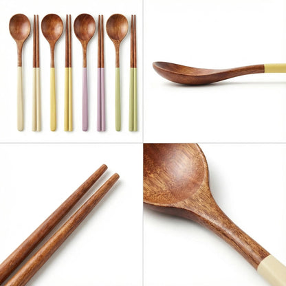 Handmade Wooden Cutlery Set by Diulazin - 4PCS Reusable Spoon and Chopsticks, High-Grade for Daily Use, Parties, Banquets, Buffets, Catering - Eco-Friendly, 9 Inch (Style D)