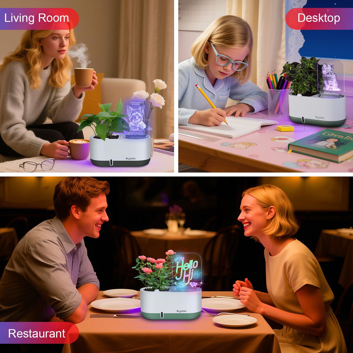 DRYADES Self-Watering Plant Pot with LED Note Board & 7 Colors Pen, Led Acrylic Message Board with Plant Pot,Dog Board Night Light with Planting Pot for Mother's Day/Children's Day Gifts(No Plant)