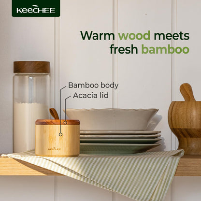 keechee Bamboo Salt Cellar with Acacia Lid & Spoon, 7.7oz Capacity with Built-In Spoon Slot & Labels, Two-Tone Countertop Seasoning Container (Single Compartment - 1 Pack)