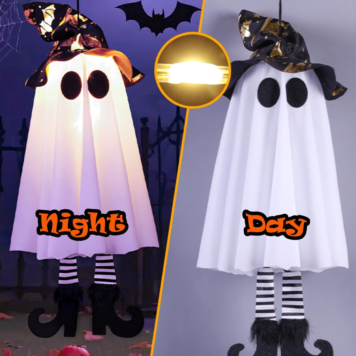 Set of 3 Halloween Hanging Ghosts, Halloween Decorations Witch Hat Lights, Outdoor Glowing Ghost for Yard Patio Garden Tree