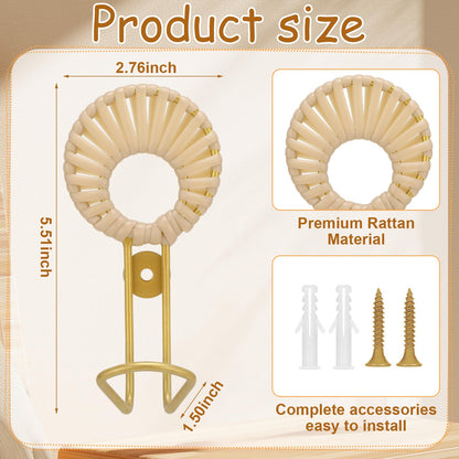 Novabright 3 Pcs Decorative Boho Wall Hooks Woven Rattan Metal Hanging Holder Gold Farmhouse Coat Rack Hooks with Screws for Hanging Coats, Keys, Towels, Bags, Coat Rack for Home Decor Entryway