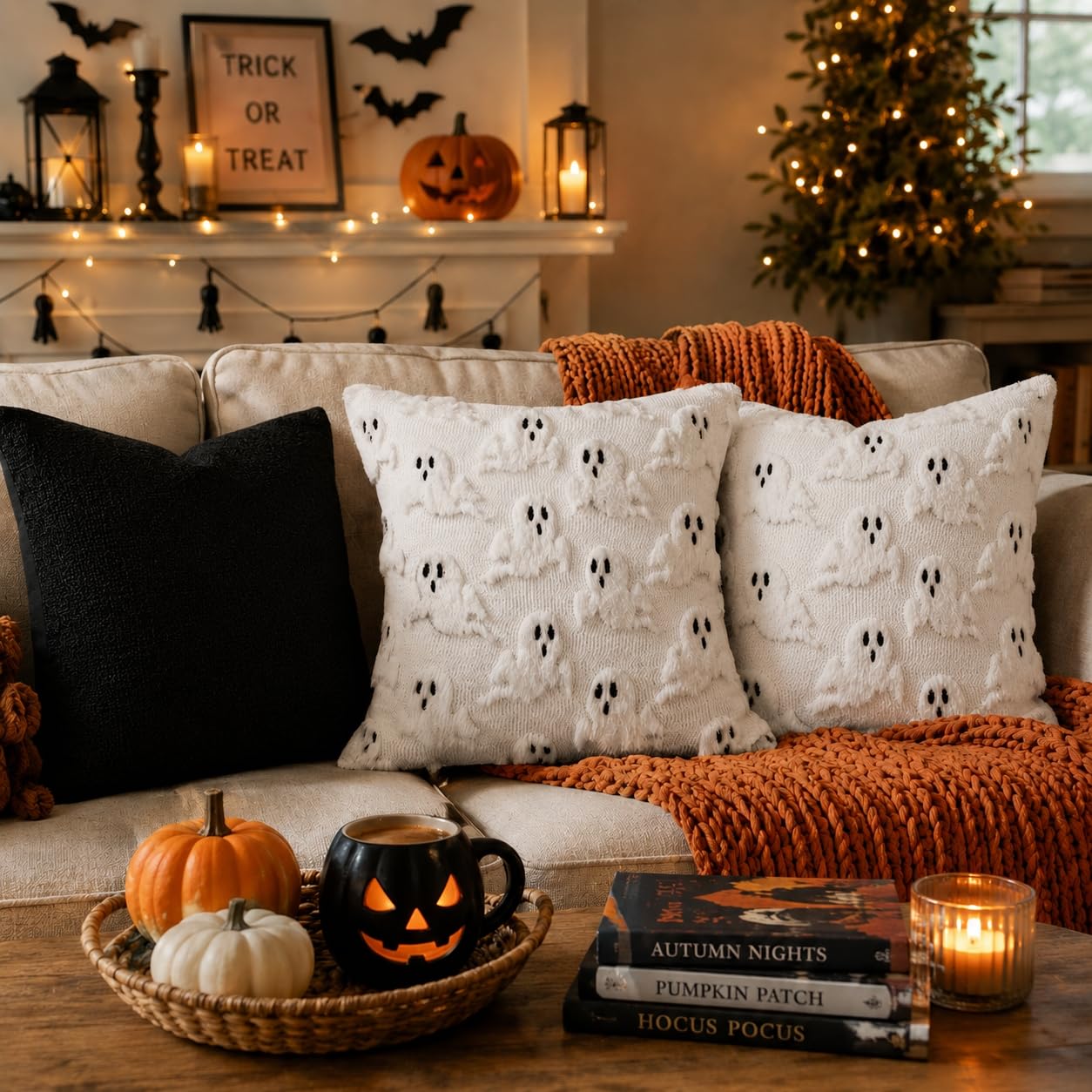 Brylla Halloween Pillow Covers 18 x18 Inch Set of 2 - White Floating Ghost Soft Plush Faux Fur Retro Throw Pillow Cases for Couch Sofa Living Room, Chair Halloween Indoor Decor