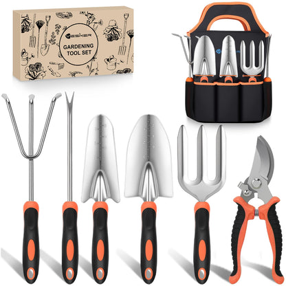 Yesker Gardening Tools 7-Piece Heavy Duty Garden Tool Set Gardening Supplies Gifts for Women Men Gardening Hand Tool Kit with Non-Slip Ergonomic Handle, Garden Bag, Pruning Shears, Black Orange