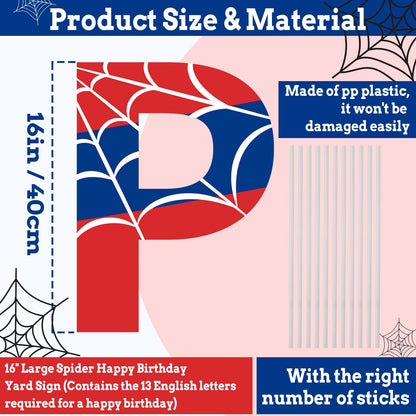 Threehoney 13 Pcs Spider Happy Birthday Yard Sign with Stakes, 16" Super Happy Birthday Letter Lawn Signs, Outdoors Birthday Decorations Hero Birthday Theme Party Supplies for Outdoor Yard Lawn
