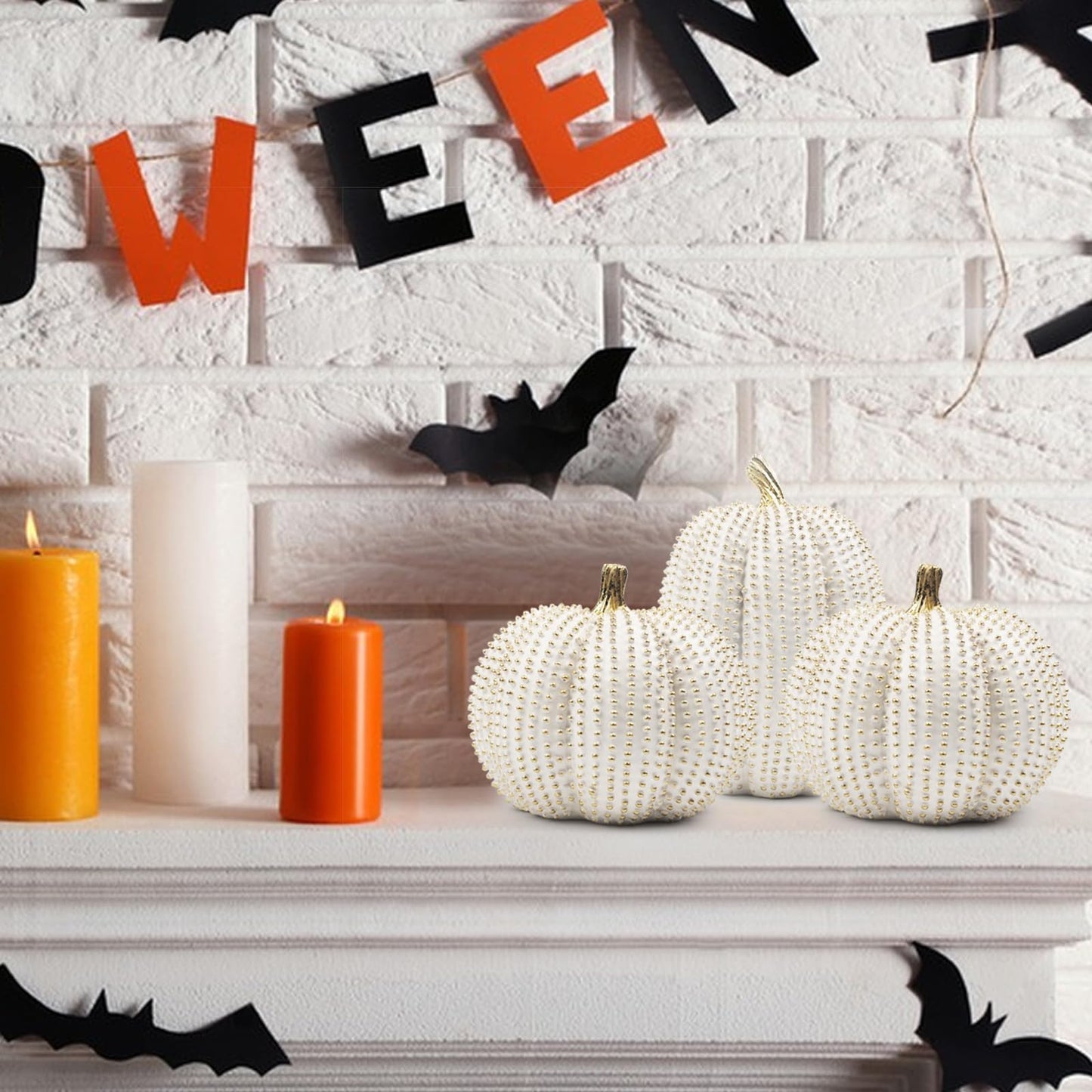 TaoQ C 3 PCS Large Thanksgiving Resin Pumpkin, Fall Pumpkin Figurines White and Gold Glitter Resin Pumpkin for Home Kitchen Halloween Thanksgiving Fall Harvest Decoration
