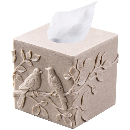 Beige Sandstone Relief Birds Square Tissue Box Cover Decorative,Resin Heavy Sturdy Tissue Box Holder, Facial Paper Holder for Bathroom Vanity Countertop, Bedroom Night Stand,Office and End Table