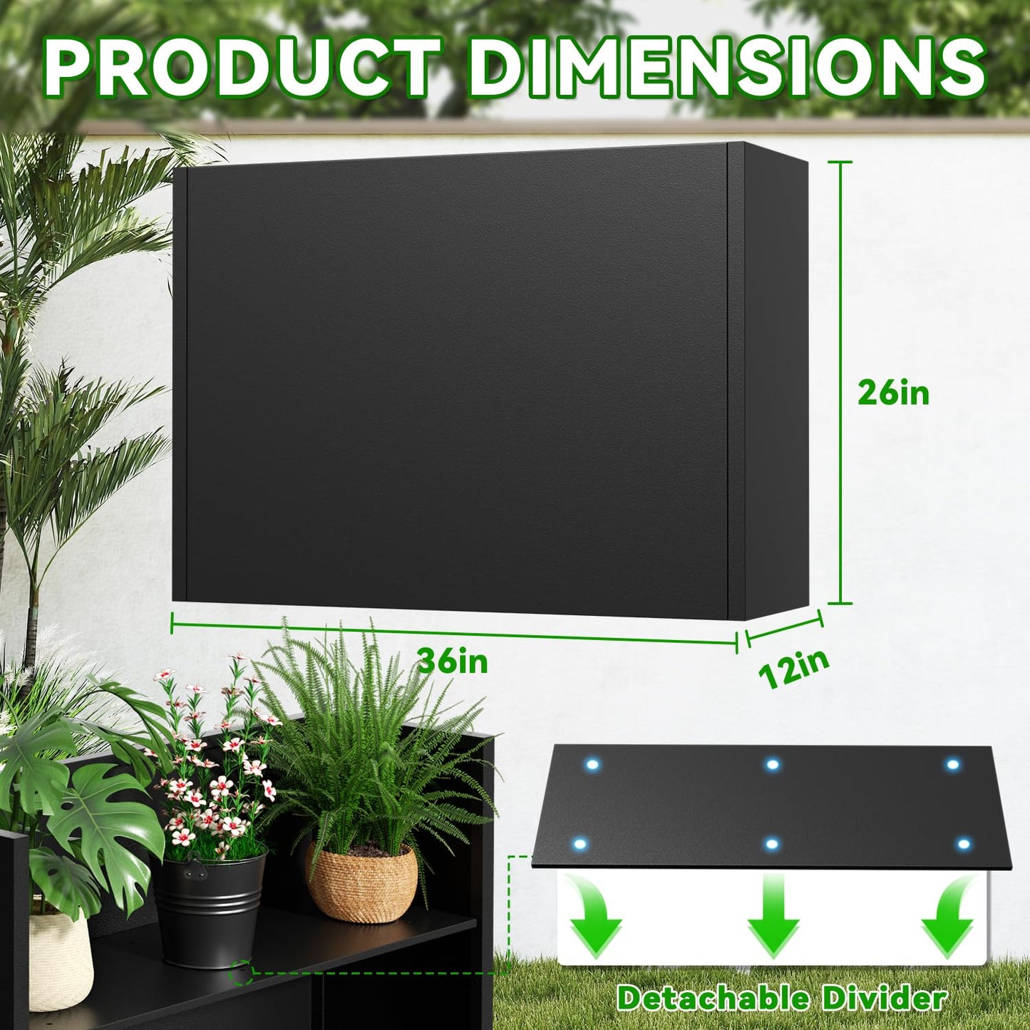 POOAMY Metal Planter, 36L x 12W x 26H, Heavy Duty Tall Planters for Outdoor Plants, Black Planters with Removable Insert Shelf, Large Planters with Drainage Holes for Porch, Patio and Yard, Black