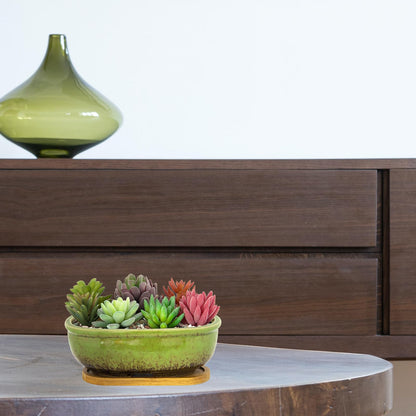 ARTKETTY Succulent Pots - Large Succulent Planters with Drainage Tray, 7.9'' Ceramic Pots for Indoor Cactus Plants, Oval Bonsai Flower Plant Container Bowl Decorative Home Desk Windowsill